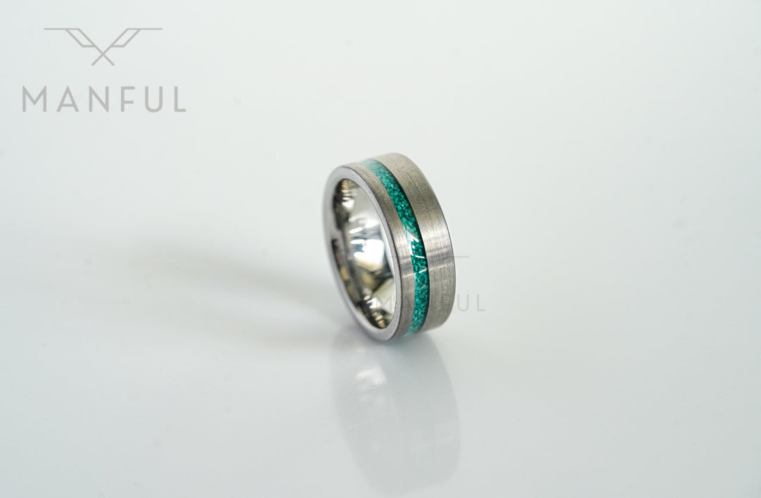 Tungsten Malachite Inlay Band Silver, isolated on a white background, close-up of the polished interior