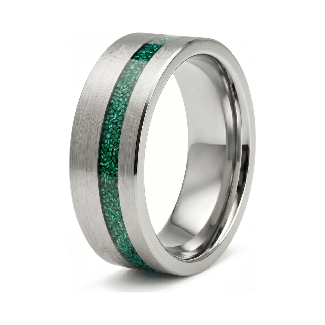 Tungsten Malachite Inlay Band Silver, isolated on a white background at an angle showing the malachite inlay