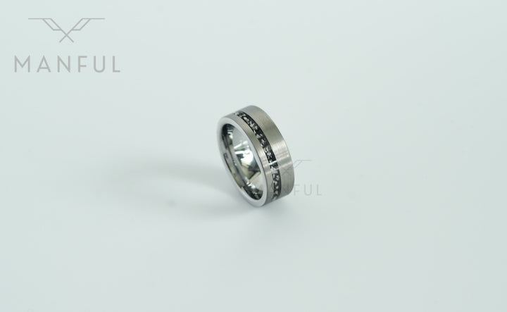 Tungsten Meteorite Inlay Band Silver, standing off-center on a white background