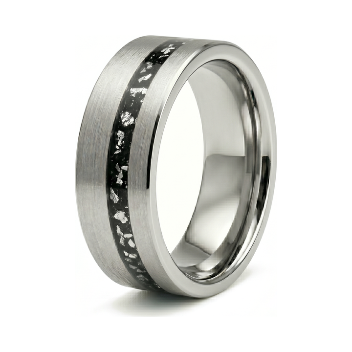 Tungsten Meteorite Inlay Band Silver, isolated on a white background showing the speckled inlay