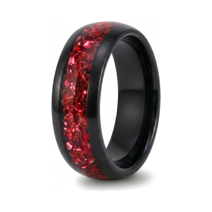 Tungsten Red Opal Black Band, isolated on a white background showing the red opal inlay through the black band