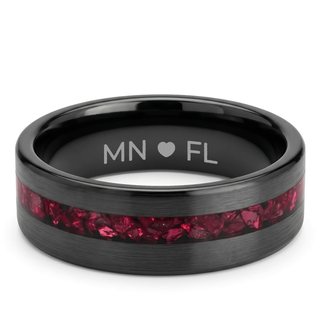 Tungsten Red Opal Inlay Band (Black) engraving example: MN, a heart and FL engraved inside the band