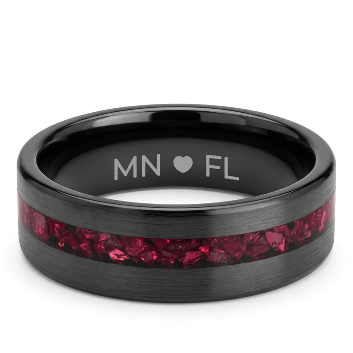 Tungsten Red Opal Inlay Band (Black) engraving example: MN, a heart and FL engraved inside the band