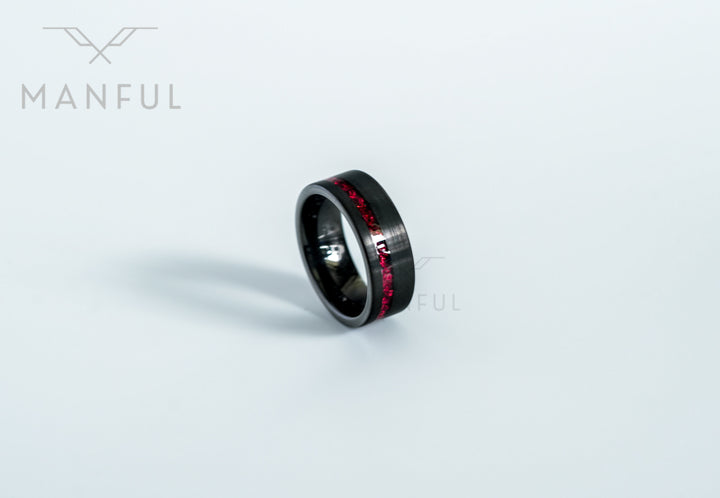 Tungsten Red Opal Inlay Band Black, isolated on a white background at an angle showing the inlay stripe