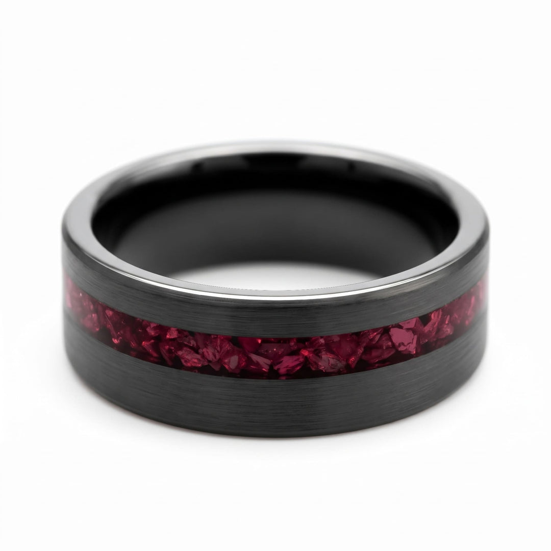 Tungsten Red Opal Inlay Band (Black) lying flat, a close view of the red opal inlay