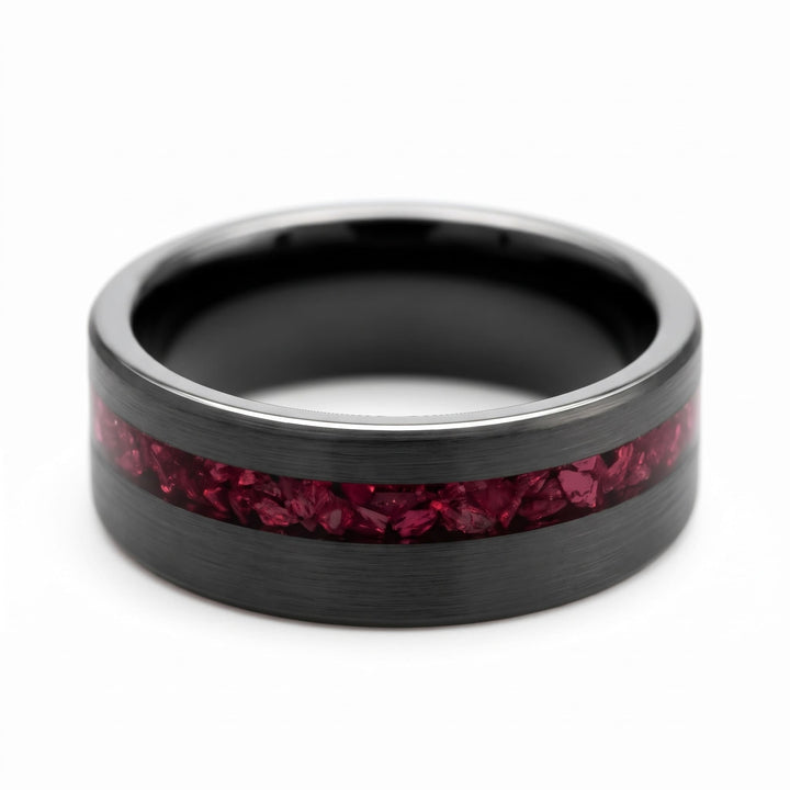 Tungsten Red Opal Inlay Band (Black) lying flat, a close view of the red opal inlay