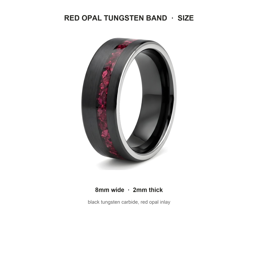 Tungsten Red Opal Inlay Band (Black) size guide: 8mm wide, 2mm thick, tungsten carbide, red opal inlay