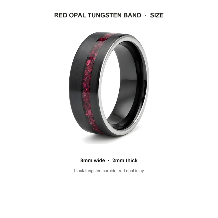 Tungsten Red Opal Inlay Band (Black) size guide: 8mm wide, 2mm thick, tungsten carbide, red opal inlay