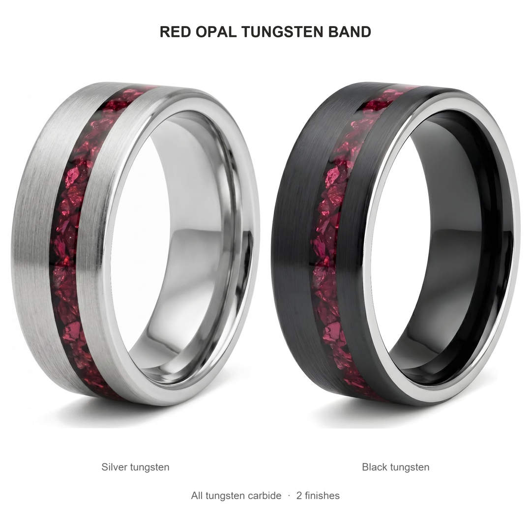 Tungsten Red Opal Inlay Band (Black) finishes: Silver tungsten and Black tungsten, both tungsten carbide