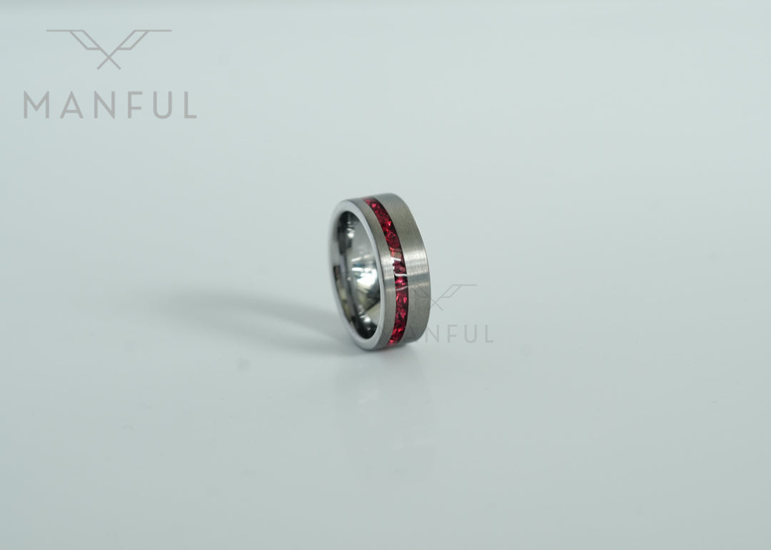 Tungsten Red Opal Inlay Band Silver, standing upright on a plain light background close-up