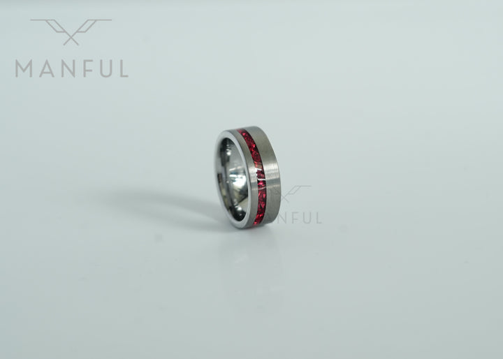 Tungsten Red Opal Inlay Band Silver, standing upright on a plain light background close-up