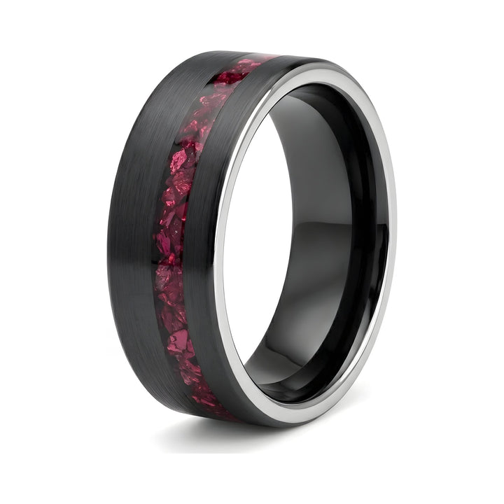 Tungsten Red Opal Inlay Band Black, isolated on a white background showing the red inlay stripe and bevelled edge