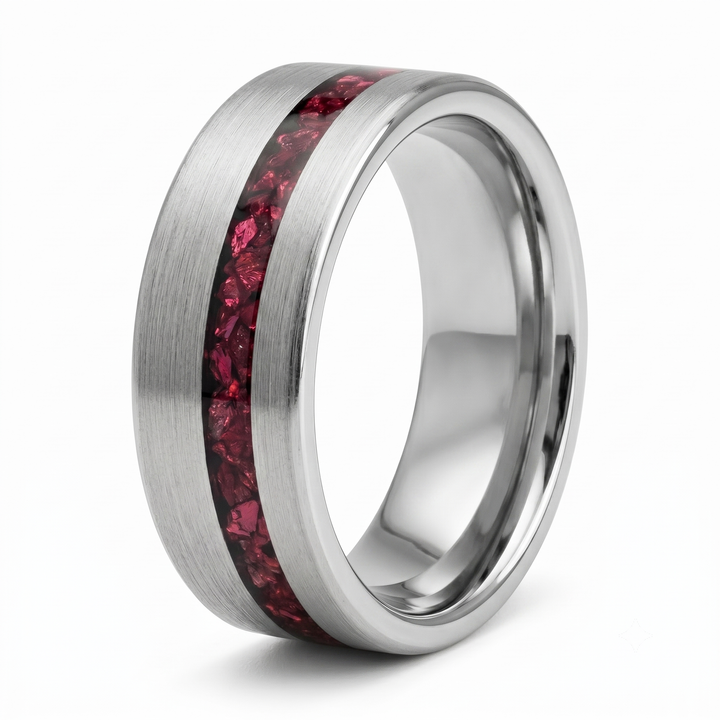 Tungsten Red Opal Inlay Band Silver, isolated on a white background standing upright