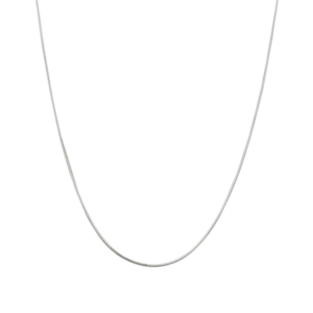 Snake Chain 1mm Silver, draped in a loose U shape, isolated on a white background