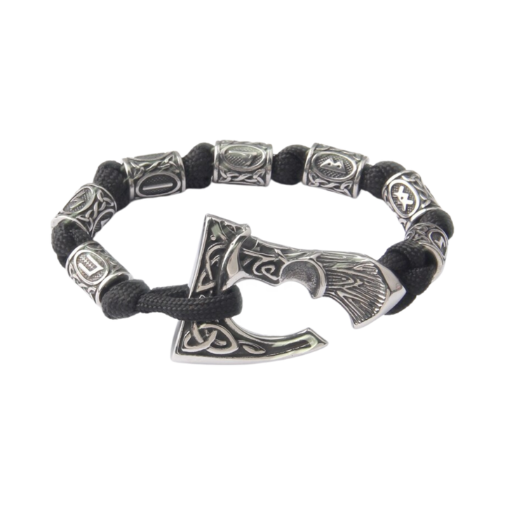 Axe Bracelet, isolated on a white background showing the rune beads and axe head charm