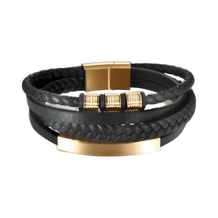 Black & Gold Leather Bracelet, isolated on a white background showing the braided straps and gold hardware