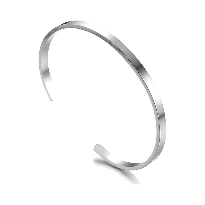 Adjustable Bangle Silver, isolated on a white background from a side angle showing the open cuff