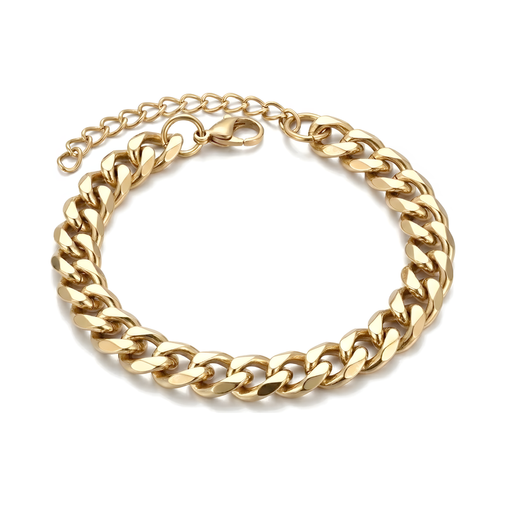 Cuban Chain Bracelet Gold, isolated on a white background, circular flat lay with clasp