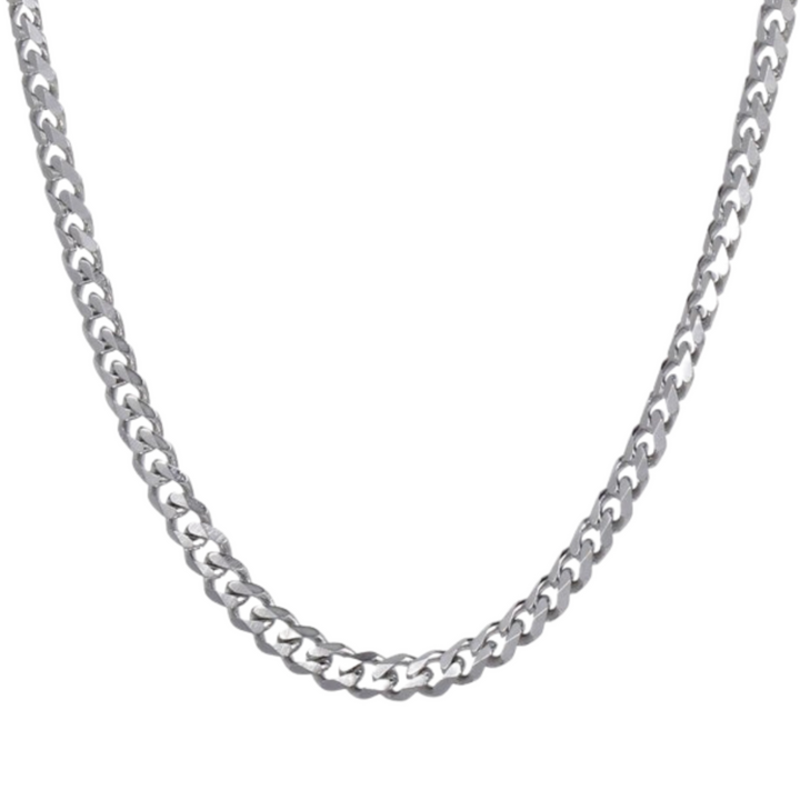 Cuban Chain 3mm Silver, draped in a loose U shape, isolated on a white background