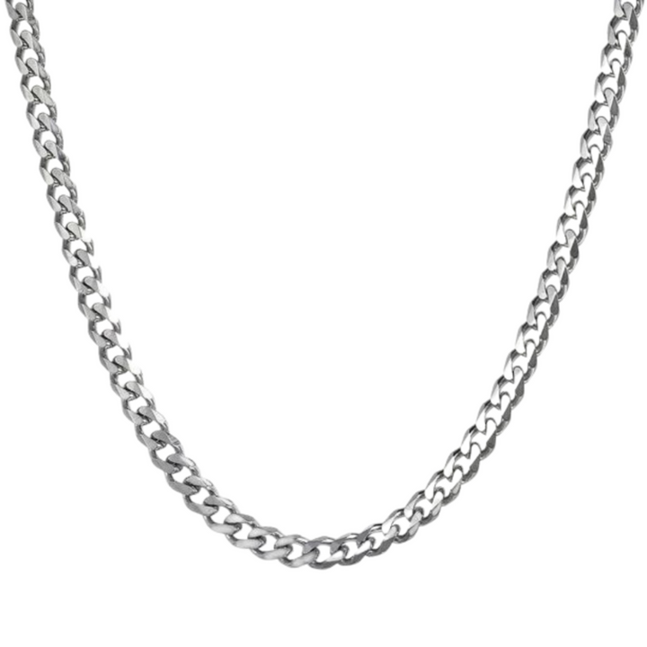 Cuban Chain 5mm Silver, isolated on a white background, draped in a loose curve