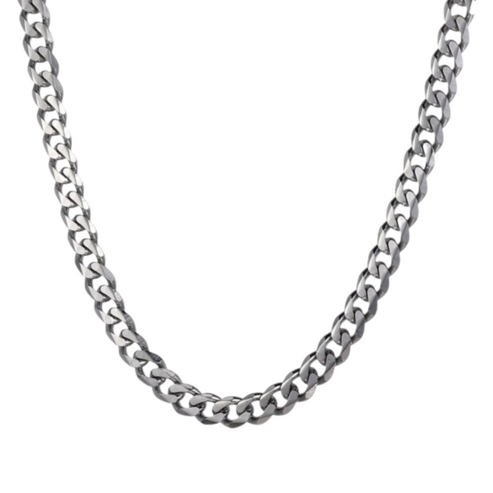 Cuban Chain 7mm Silver, isolated on a white background in a draped U shape showing the curb links