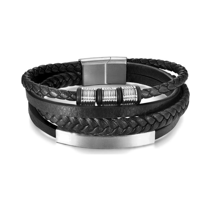 Black & Silver Leather Bracelet, isolated on a white background showing the woven straps and clasp