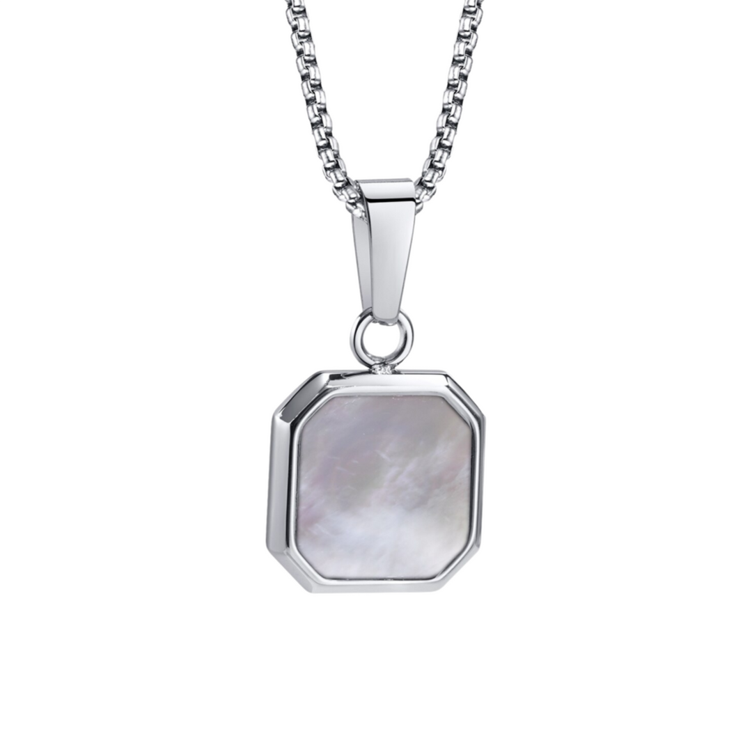 Pearl Square Necklace, isolated on a white background showing the pendant and chain