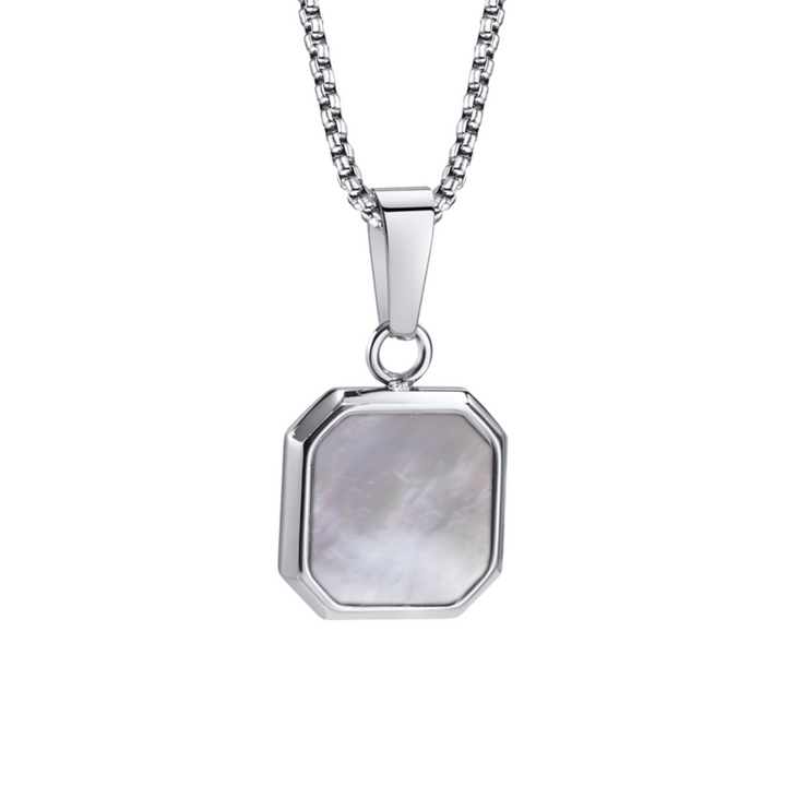 Pearl Square Necklace, isolated on a white background showing the pendant and chain