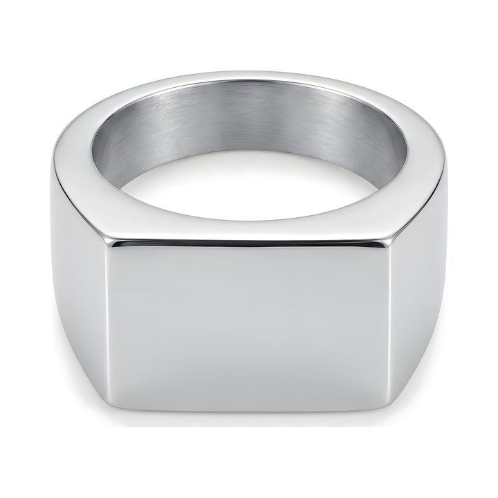 Rectangular Signet Ring Silver, isolated on a white background at an angled front view