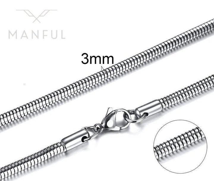 Snake Chain 3mm Silver, close-up on white showing the 3mm size label and lobster clasp