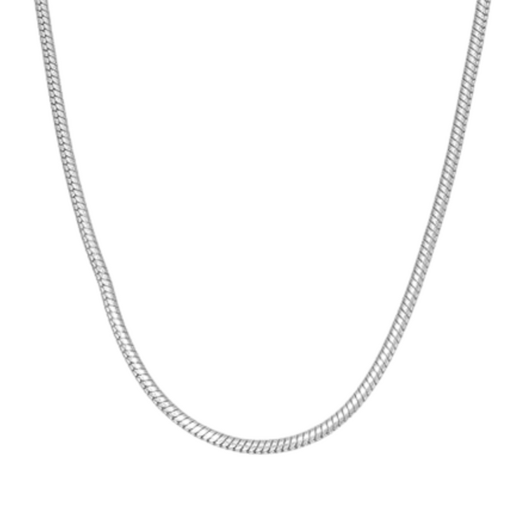 Snake Chain 4mm Silver, full chain draped in a curve, isolated on a white background