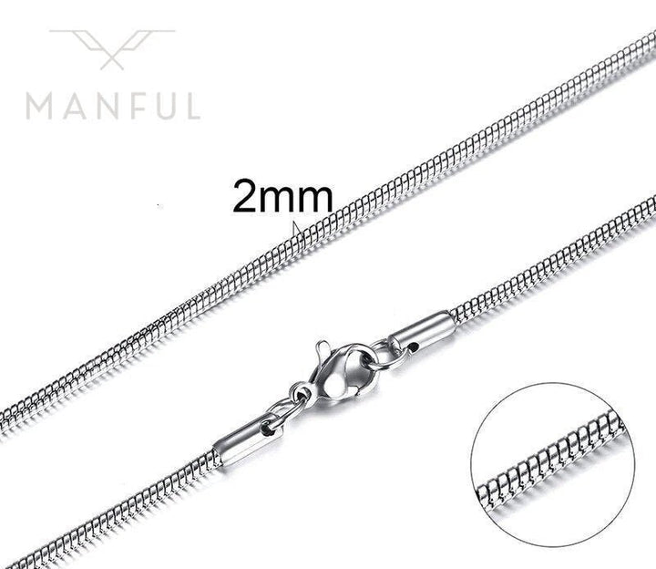 Snake Chain 2mm Silver, flat lay on white showing the 2mm width label and clasp