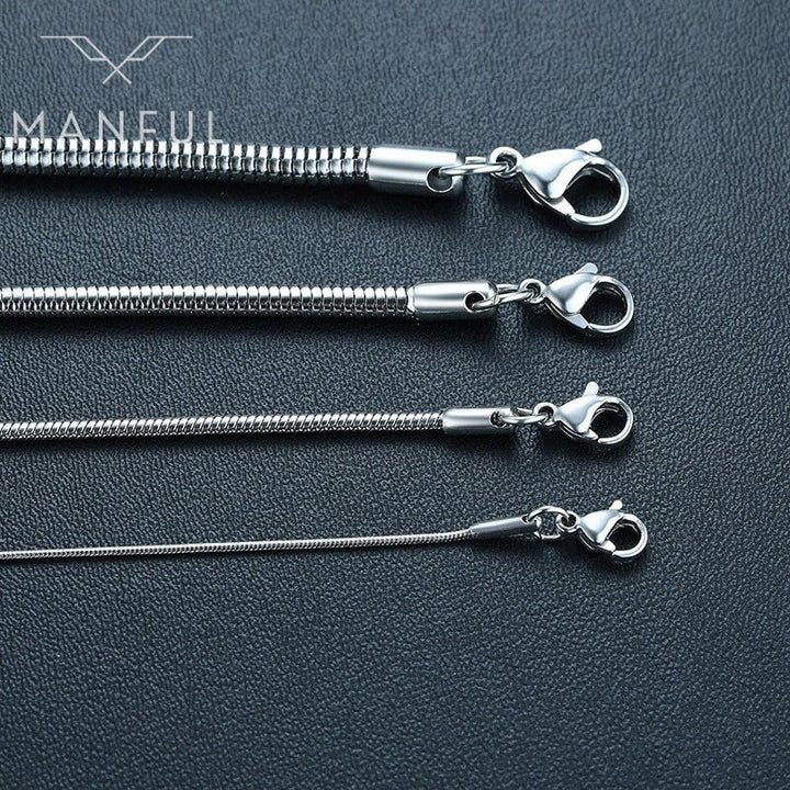 Snake Chain 2mm Silver, four chain widths compared side by side with clasps