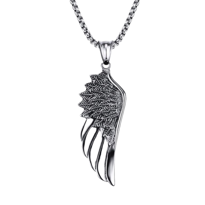 Wing Pendant Necklace, full chain and wing pendant hanging, isolated on white